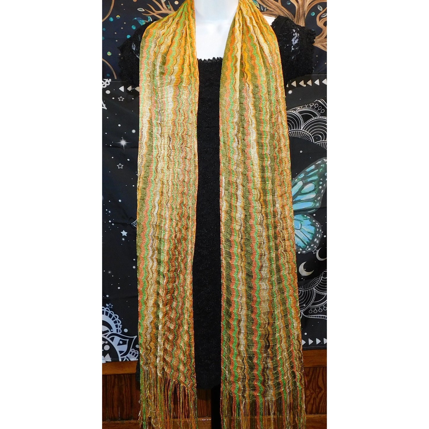 Vintage 70S Wavy Striped Gold & Green Metallic Scarf With 6" Fringe - 78"x22"