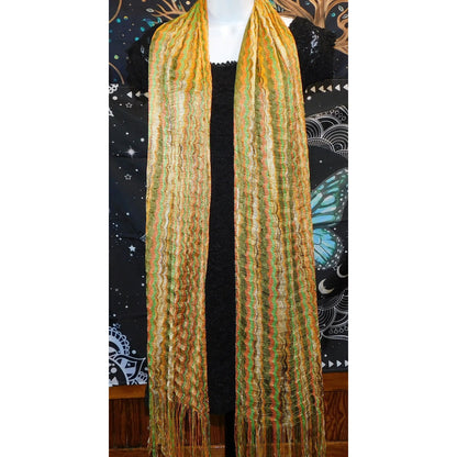 Vintage 70S Wavy Striped Gold & Green Metallic Scarf With 6" Fringe - 78"x22"