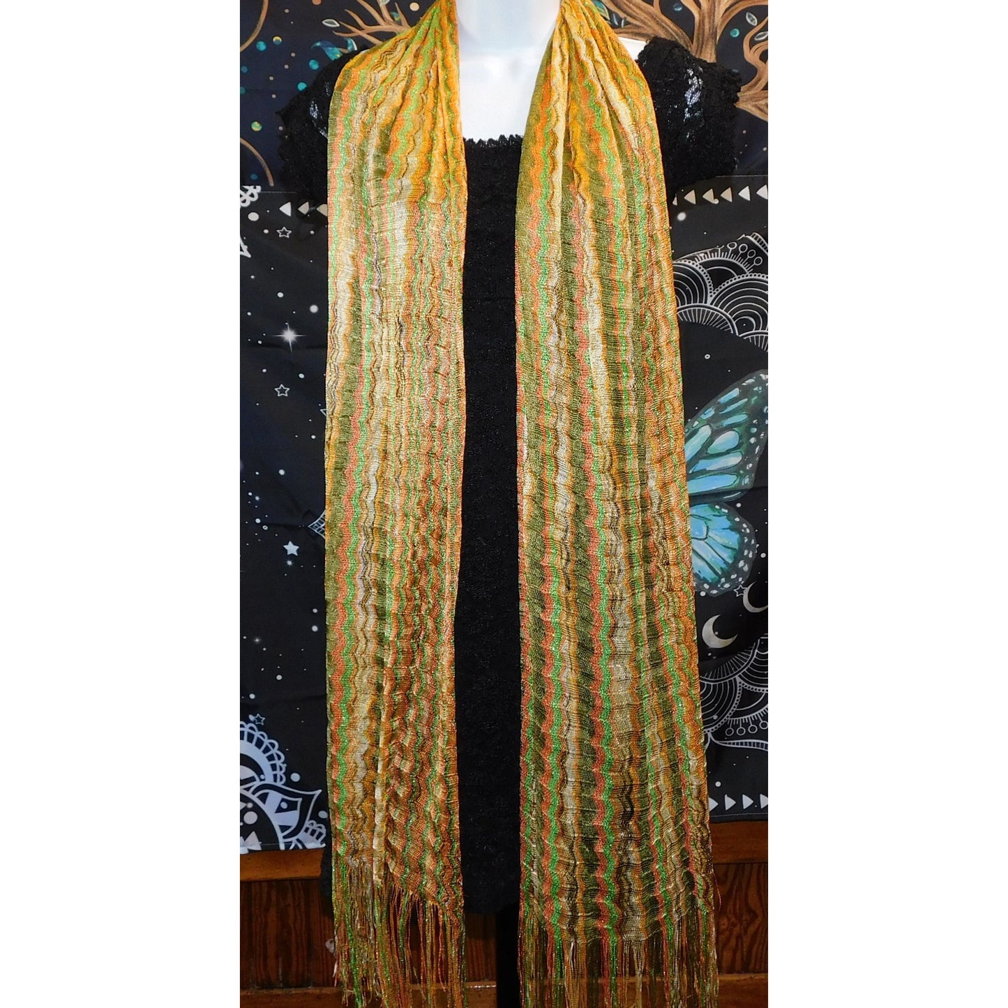 Vintage 70S Wavy Striped Gold & Green Metallic Scarf With 6" Fringe - 78"x22"