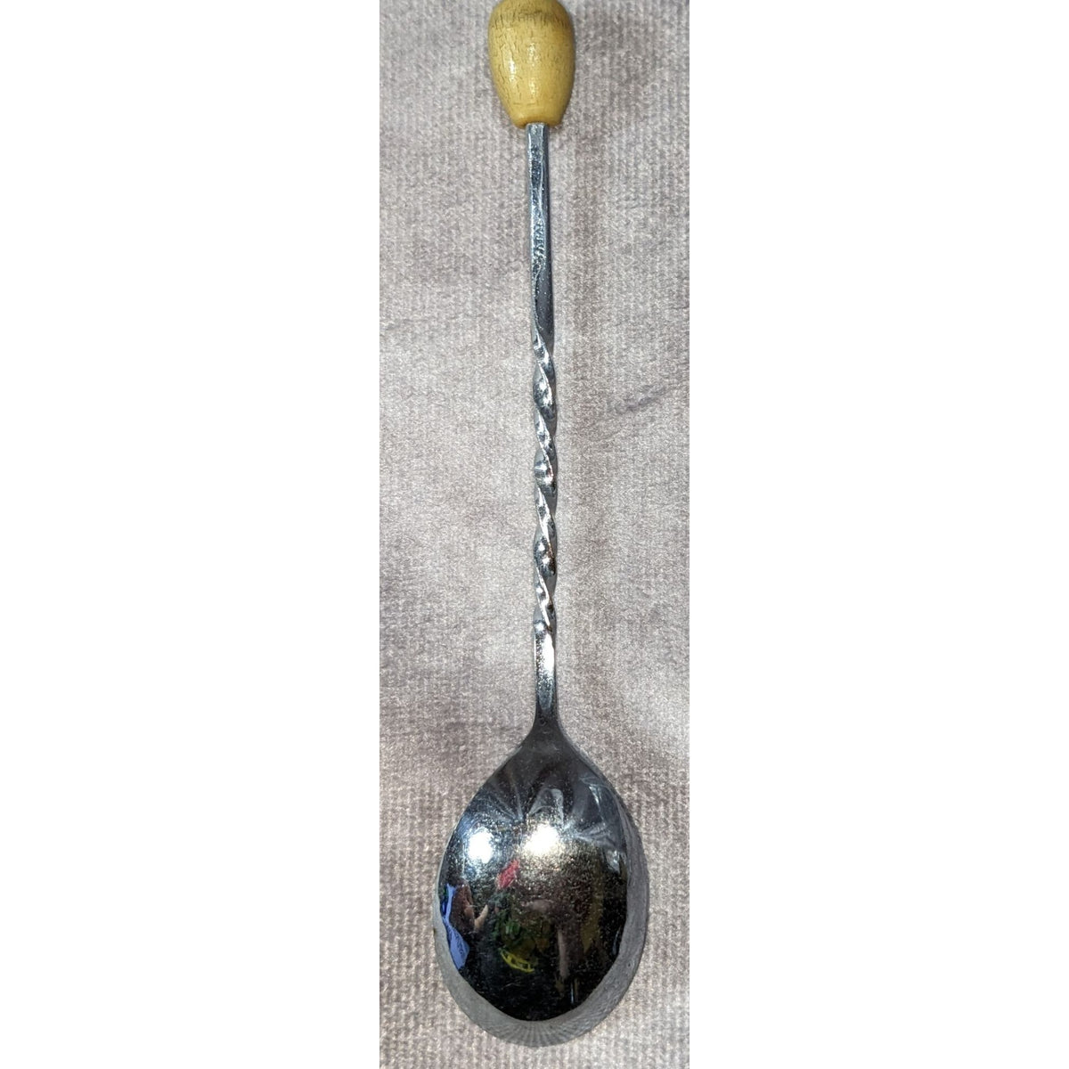 Vintage 1960s Japanese Sugar Spoon Twisted Metal Handle Wooden Finial 5 Inch