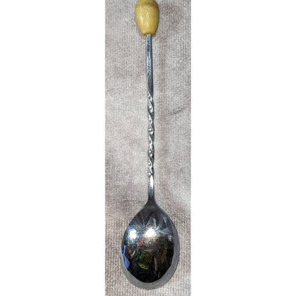 Vintage 1960s Japanese Sugar Spoon Twisted Metal Handle Wooden Finial 5 Inch
