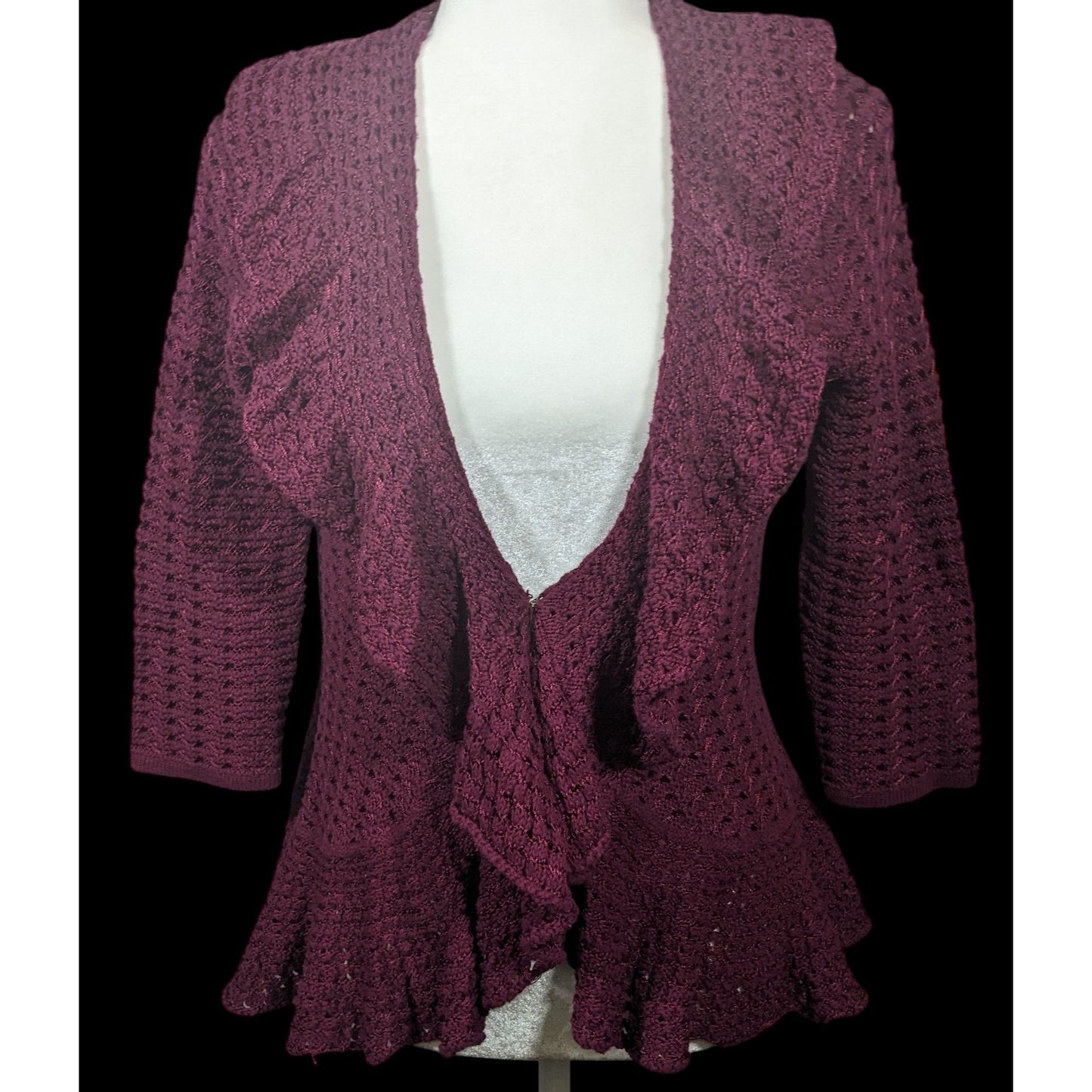 Dressbarn Plum Ruffle Half Sleeve V Neck Cardigan