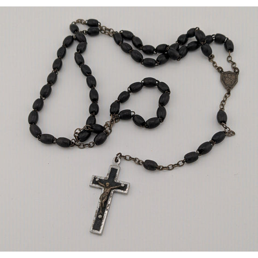 Vintage Gothic Black And Silver Tone Beaded Rosary Necklace