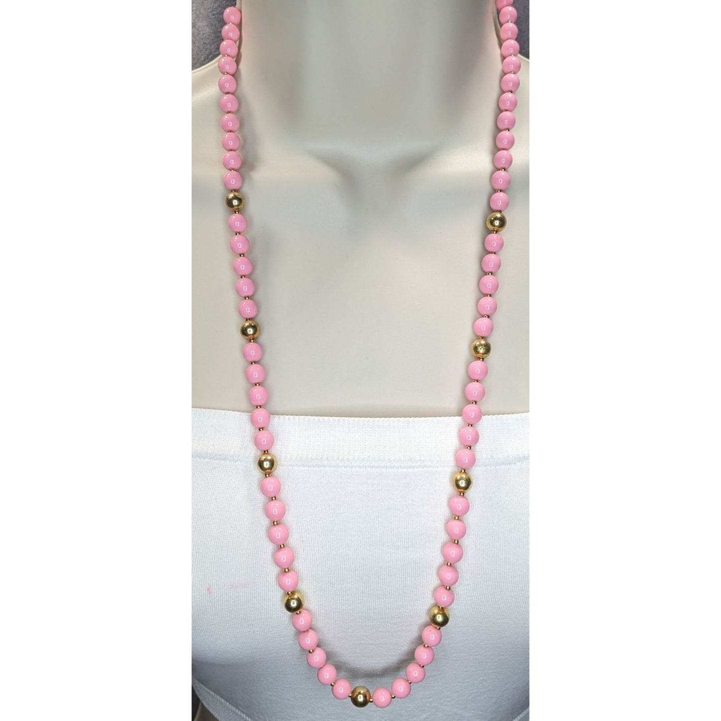 Coquette Vintage Pink Beaded Necklace Gold Tone Long Strand Retro Statement Jewelry