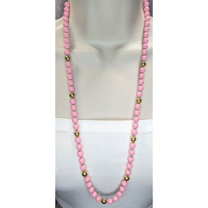 Coquette Vintage Pink Beaded Necklace Gold Tone Long Strand Retro Statement Jewelry