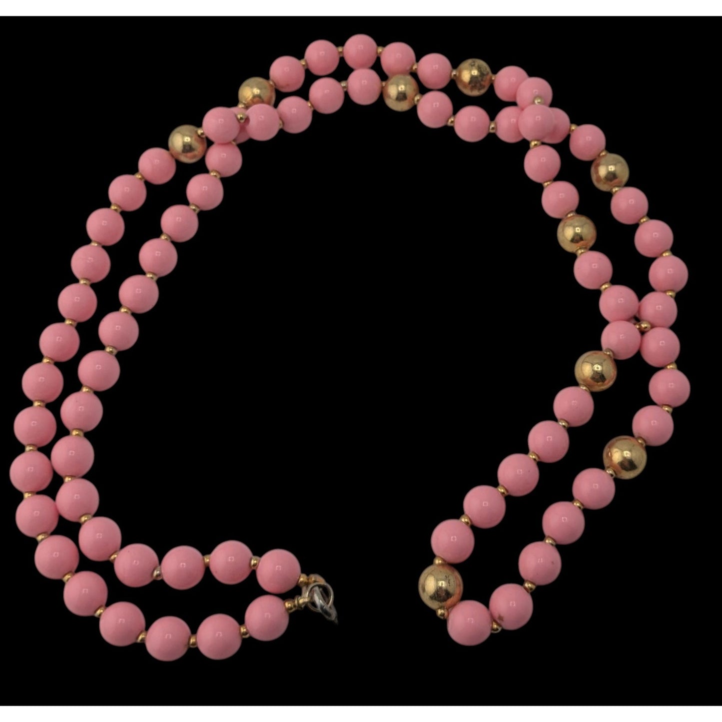 Coquette Vintage Pink Beaded Necklace Gold Tone Long Strand Retro Statement Jewelry
