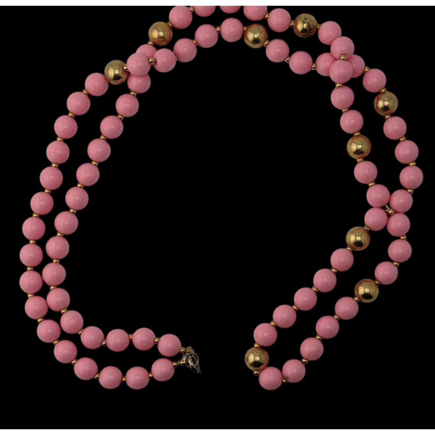 Coquette Vintage Pink Beaded Necklace Gold Tone Long Strand Retro Statement Jewelry