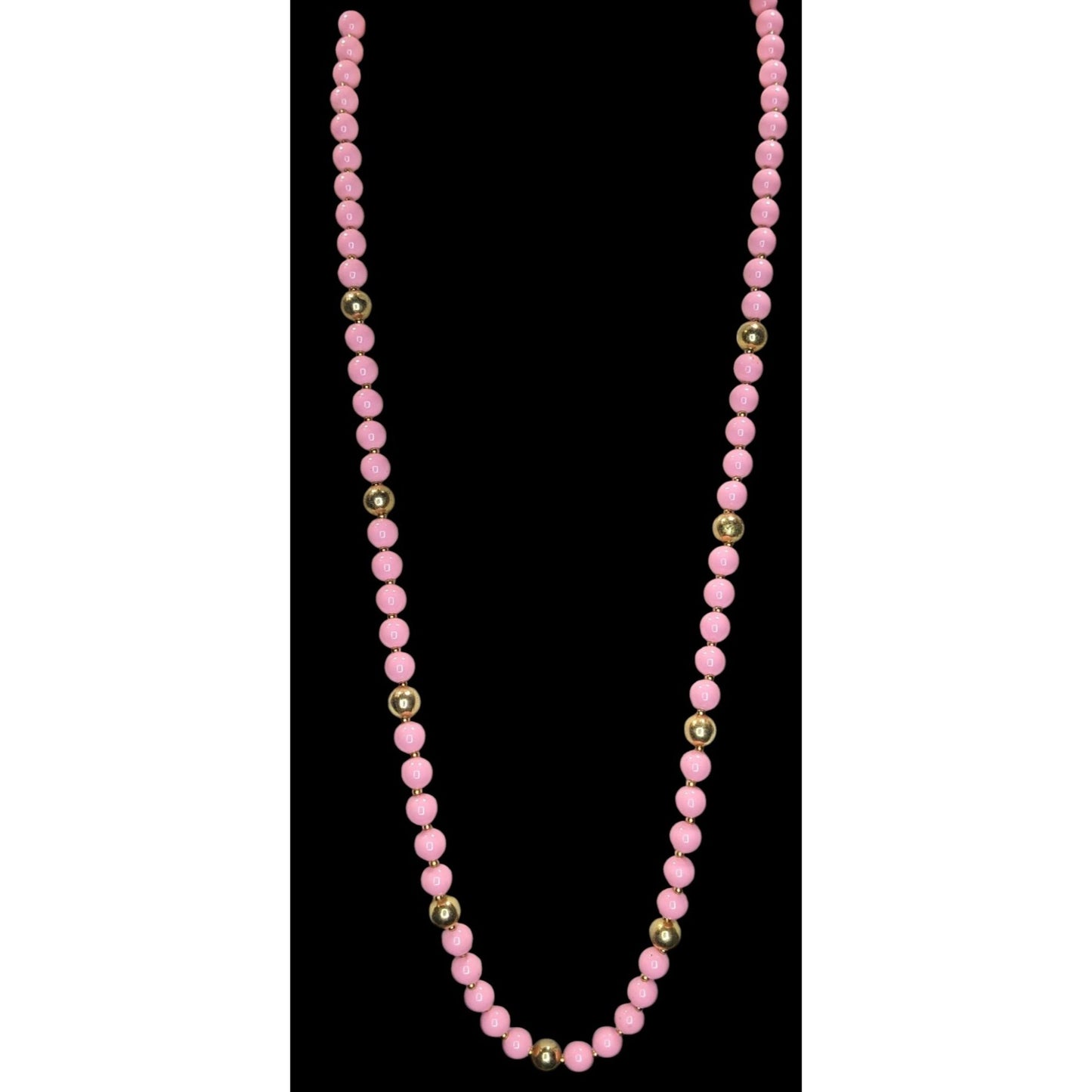 Coquette Vintage Pink Beaded Necklace Gold Tone Long Strand Retro Statement Jewelry