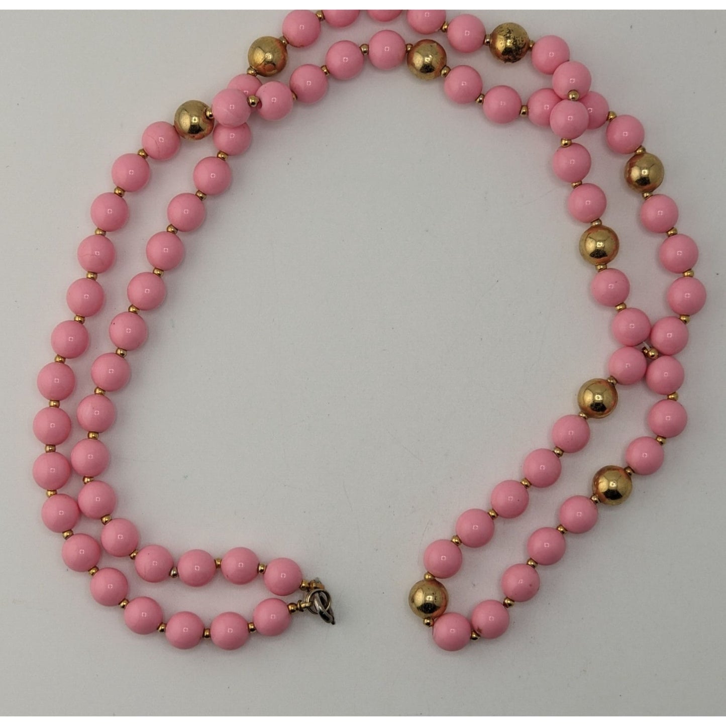 Coquette Vintage Pink Beaded Necklace Gold Tone Long Strand Retro Statement Jewelry