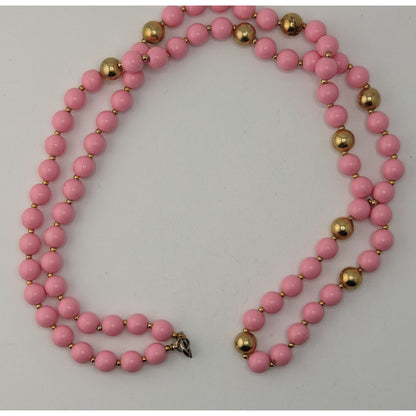 Coquette Vintage Pink Beaded Necklace Gold Tone Long Strand Retro Statement Jewelry