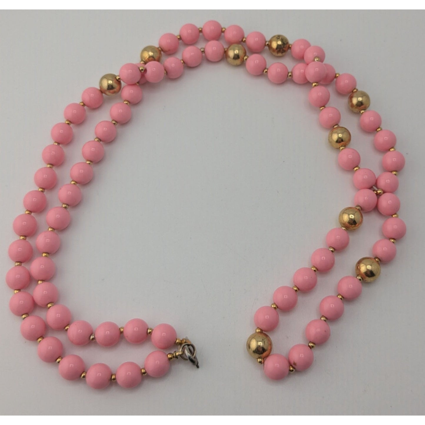 Coquette Vintage Pink Beaded Necklace Gold Tone Long Strand Retro Statement Jewelry