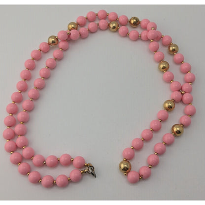 Coquette Vintage Pink Beaded Necklace Gold Tone Long Strand Retro Statement Jewelry