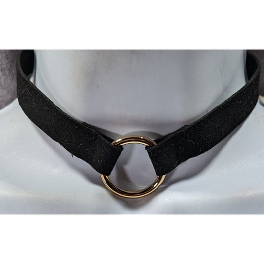 Gothic Faux Suede Gold Tone O Ring Choker Necklace