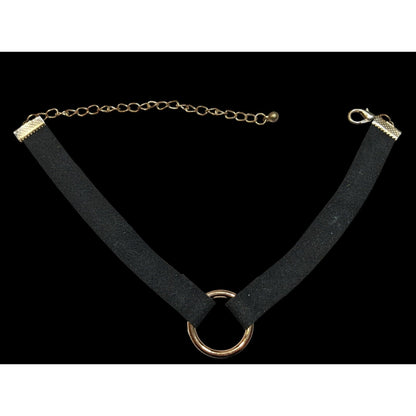 Gothic Faux Suede Gold Tone O Ring Choker Necklace