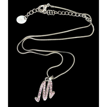 Pink Rhinestone M Monogram Silver Tone Pendant Necklace