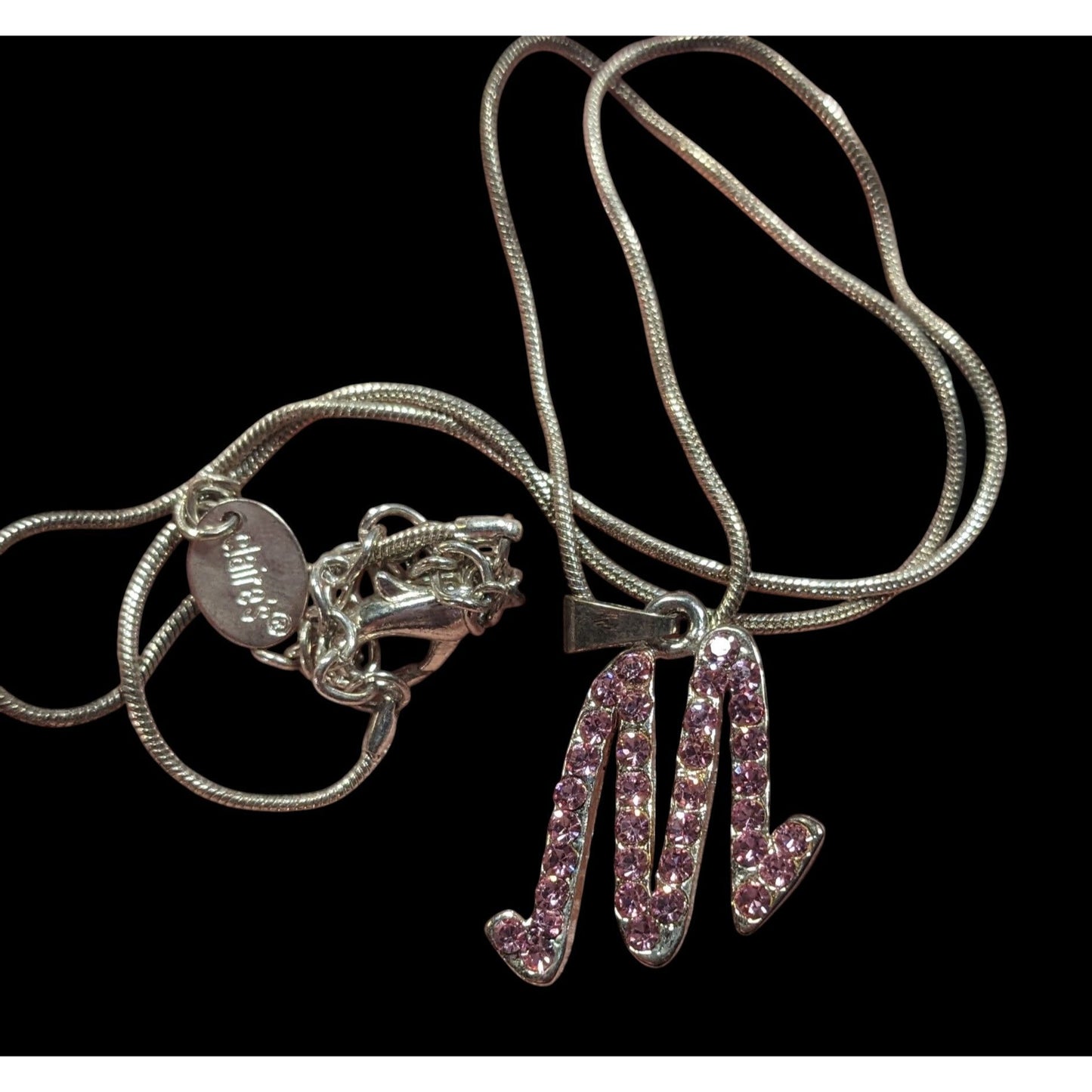 Pink Rhinestone M Monogram Silver Tone Pendant Necklace