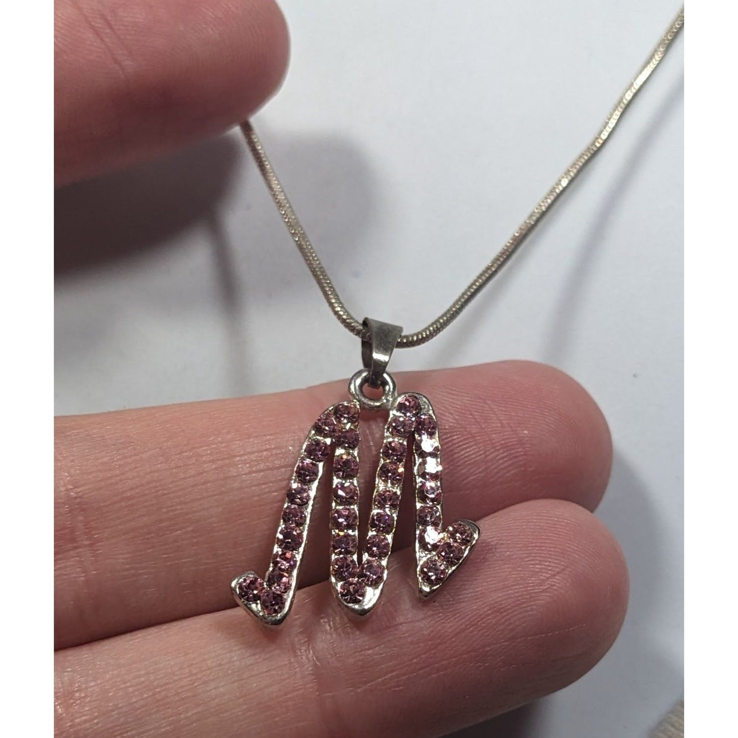 Pink Rhinestone M Monogram Silver Tone Pendant Necklace