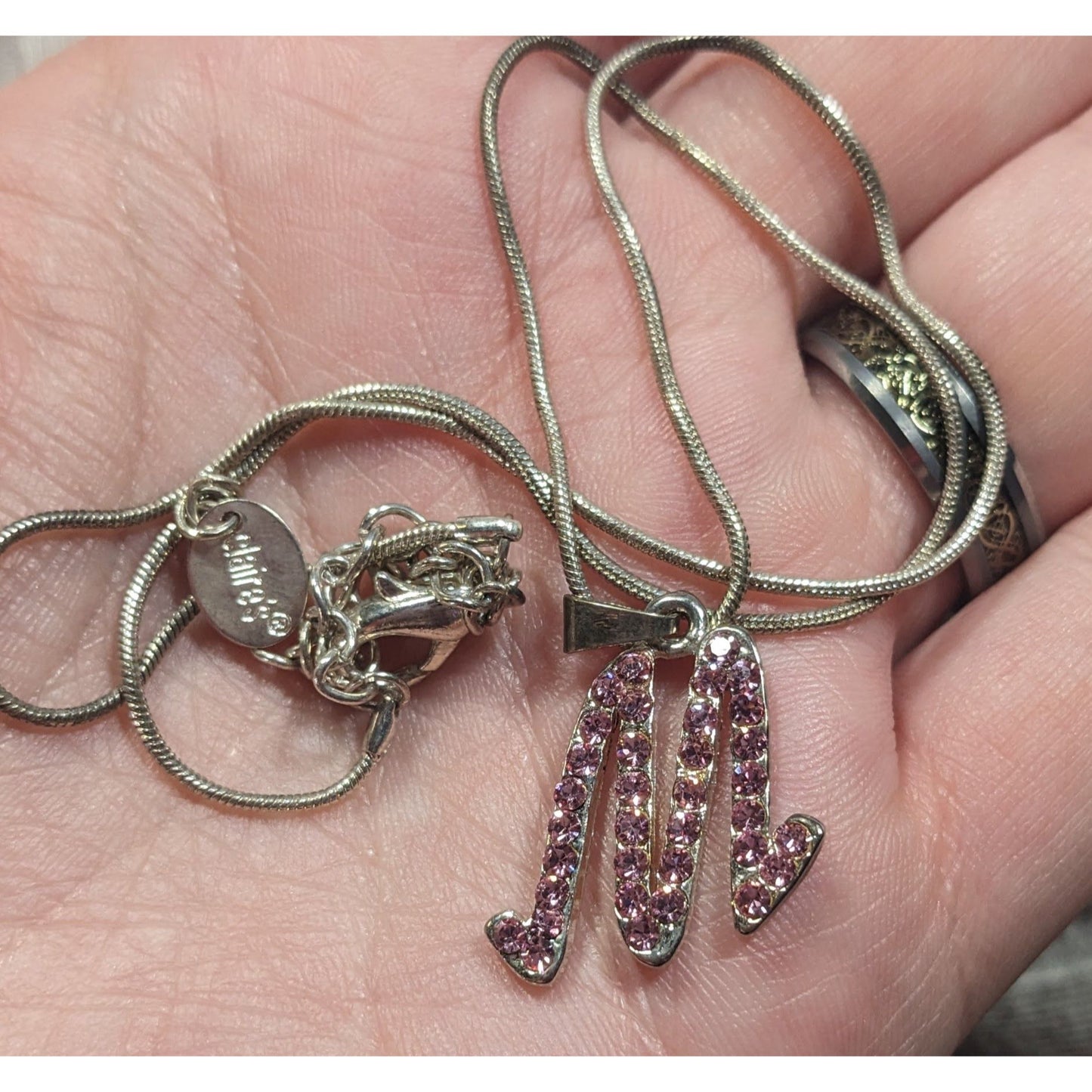 Pink Rhinestone M Monogram Silver Tone Pendant Necklace