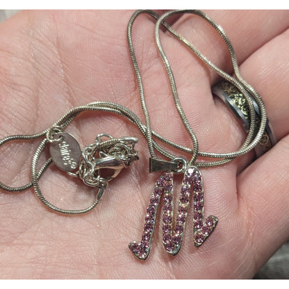 Pink Rhinestone M Monogram Silver Tone Pendant Necklace