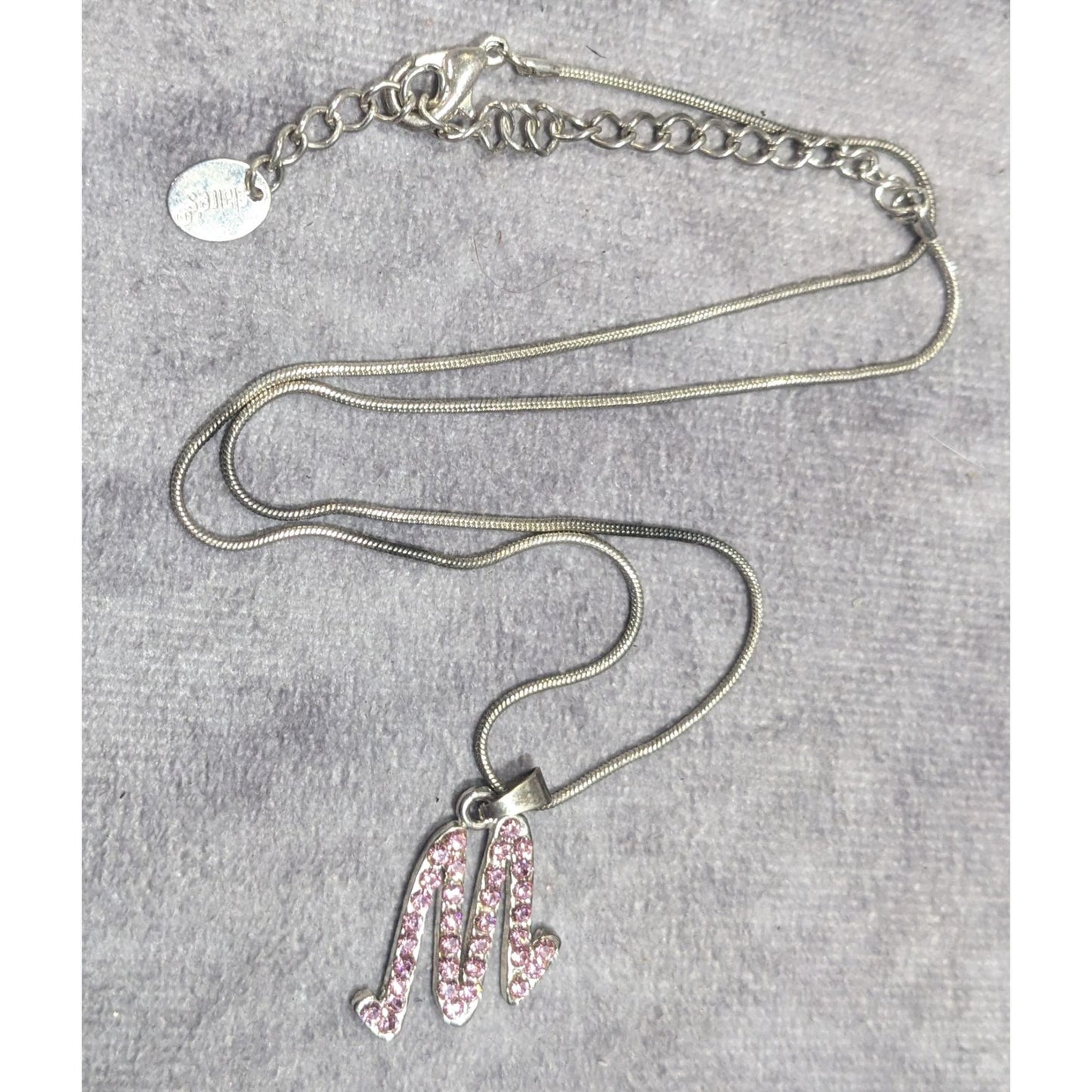 Pink Rhinestone M Monogram Silver Tone Pendant Necklace