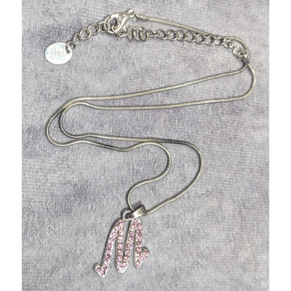 Pink Rhinestone M Monogram Silver Tone Pendant Necklace