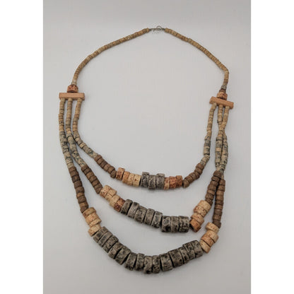 Vintage Layered Stone Beaded Necklace Earth Tone Boho Nature Jewelry Neutral Statement