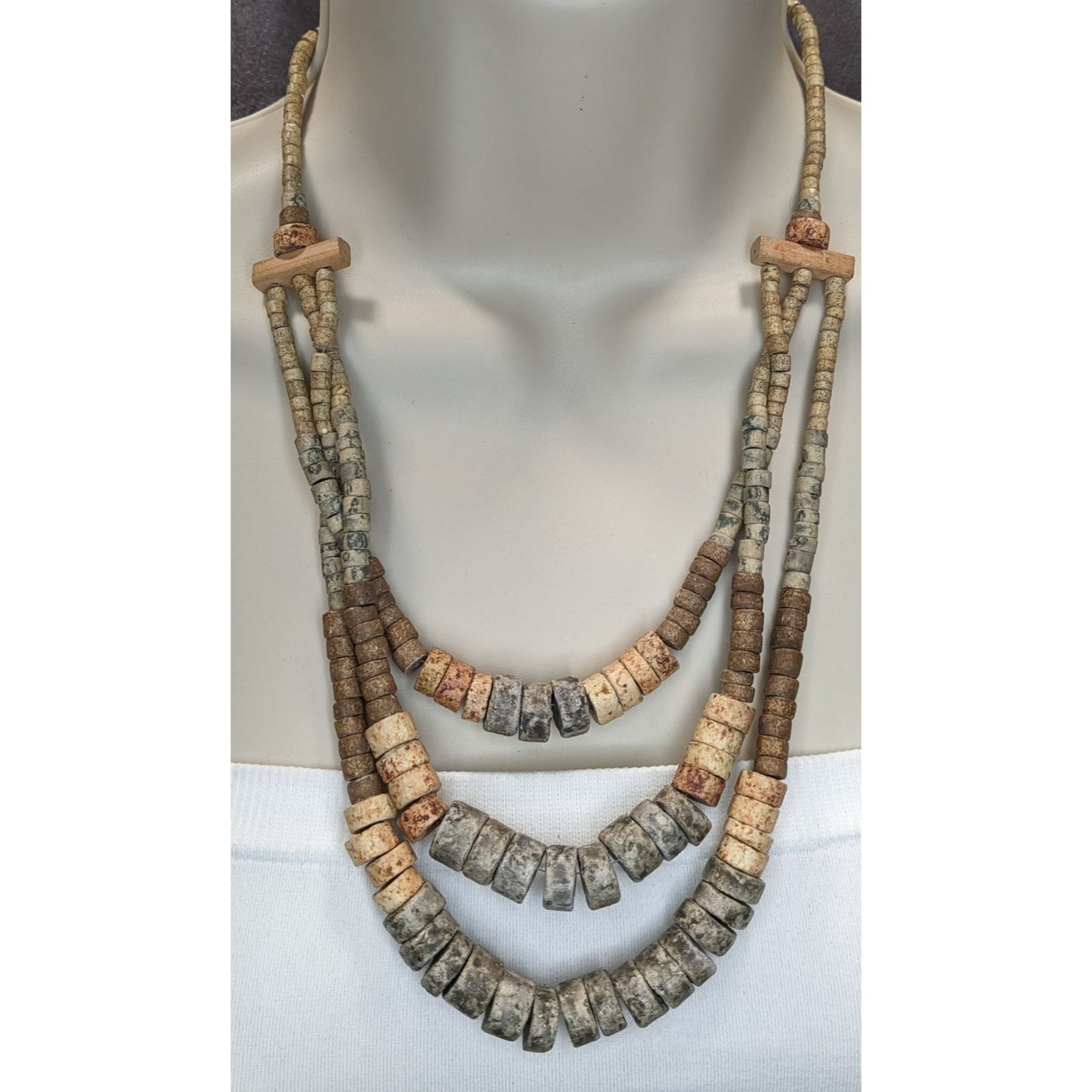 Vintage Layered Stone Beaded Necklace Earth Tone Boho Nature Jewelry Neutral Statement
