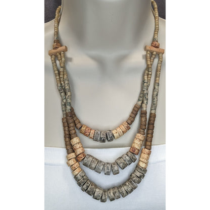 Vintage Layered Stone Beaded Necklace Earth Tone Boho Nature Jewelry Neutral Statement