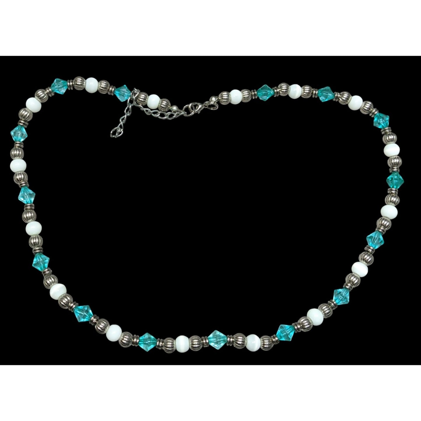 Turquoise & White Beaded Necklace With Silver Tone Accents & Adjustable Chain