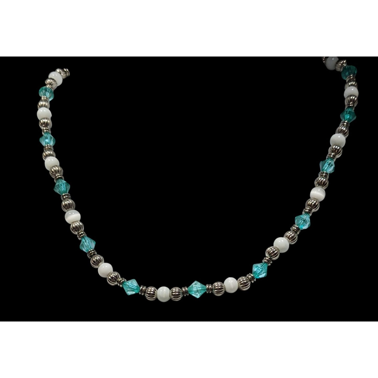 Turquoise & White Beaded Necklace With Silver Tone Accents & Adjustable Chain