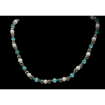 Turquoise & White Beaded Necklace With Silver Tone Accents & Adjustable Chain
