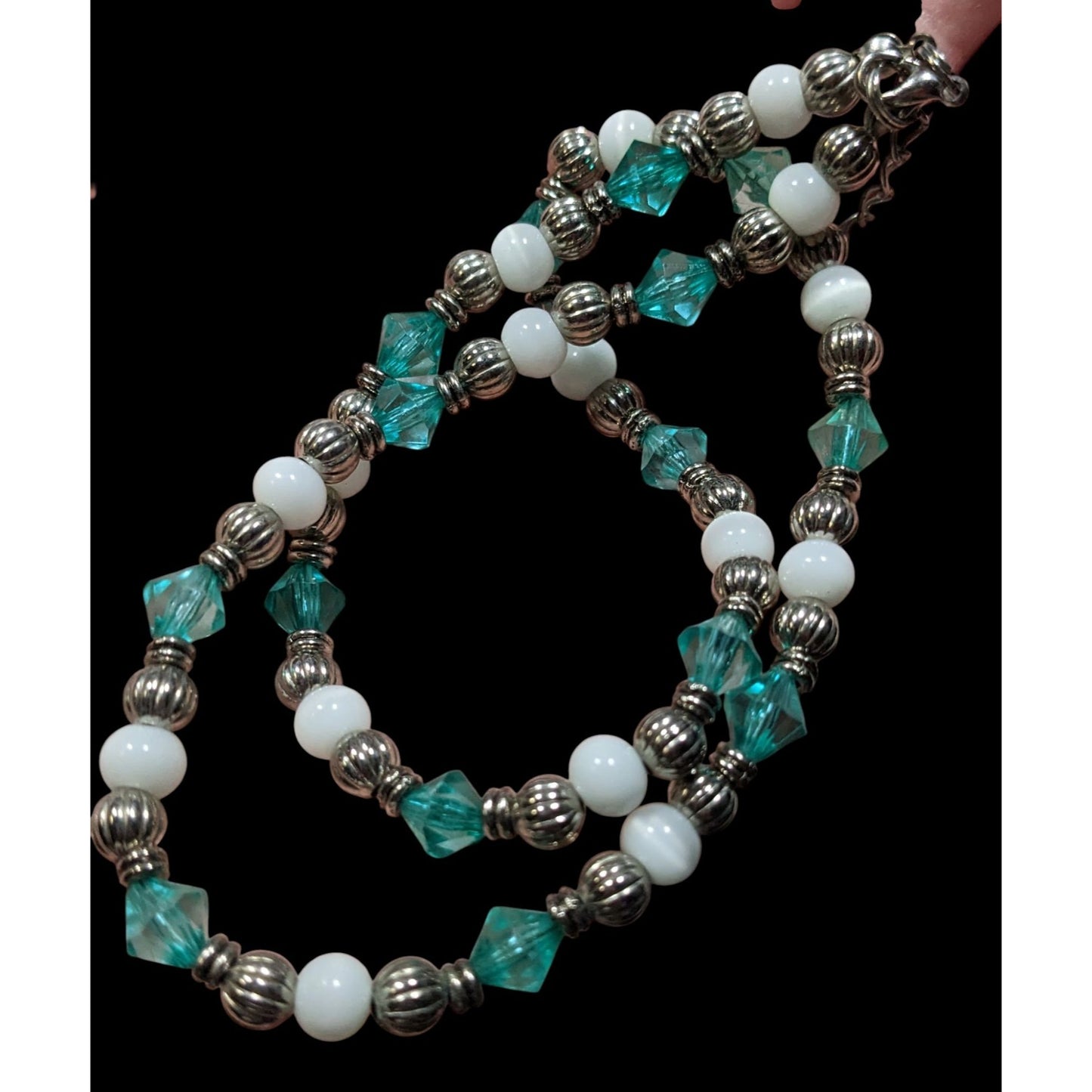 Turquoise & White Beaded Necklace With Silver Tone Accents & Adjustable Chain