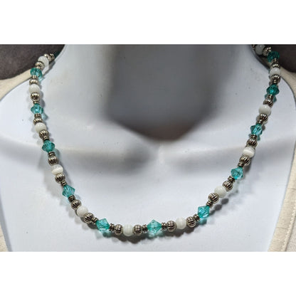 Turquoise & White Beaded Necklace With Silver Tone Accents & Adjustable Chain