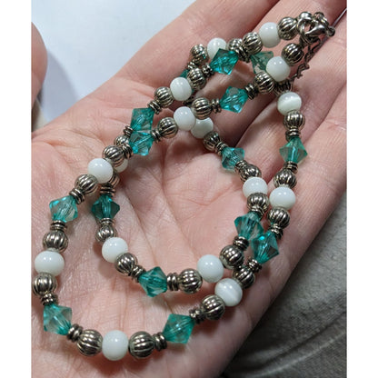 Turquoise & White Beaded Necklace With Silver Tone Accents & Adjustable Chain