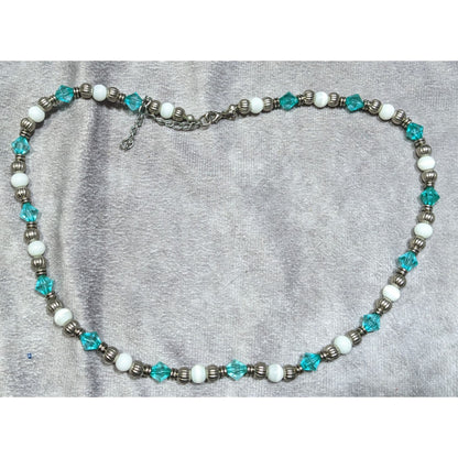 Turquoise & White Beaded Necklace With Silver Tone Accents & Adjustable Chain