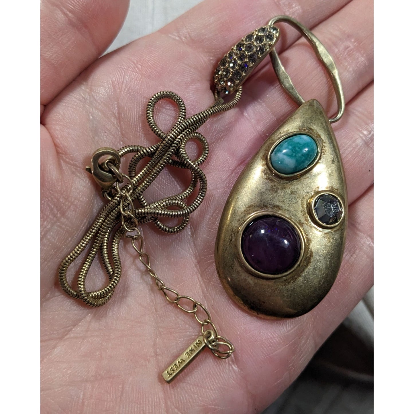 Nine West Elegant Glam Gold Tone Teardrop Gemstone Necklace