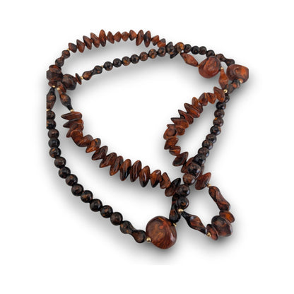 Boho Organic Faux Wood Brown Mixed Bead Long Necklace 36 Inch