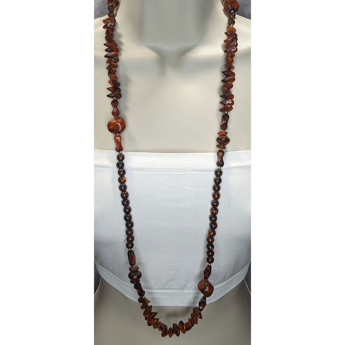 Boho Organic Faux Wood Brown Mixed Bead Long Necklace 36 Inch
