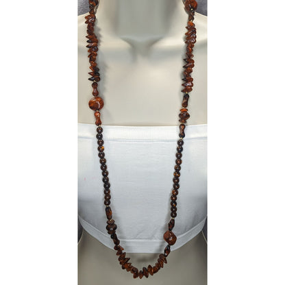 Boho Organic Faux Wood Brown Mixed Bead Long Necklace 36 Inch
