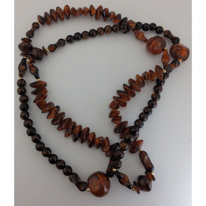 Boho Organic Faux Wood Brown Mixed Bead Long Necklace 36 Inch