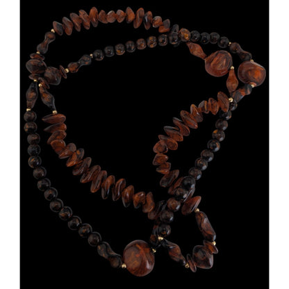 Boho Organic Faux Wood Brown Mixed Bead Long Necklace 36 Inch