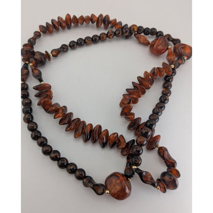 Boho Organic Faux Wood Brown Mixed Bead Long Necklace 36 Inch