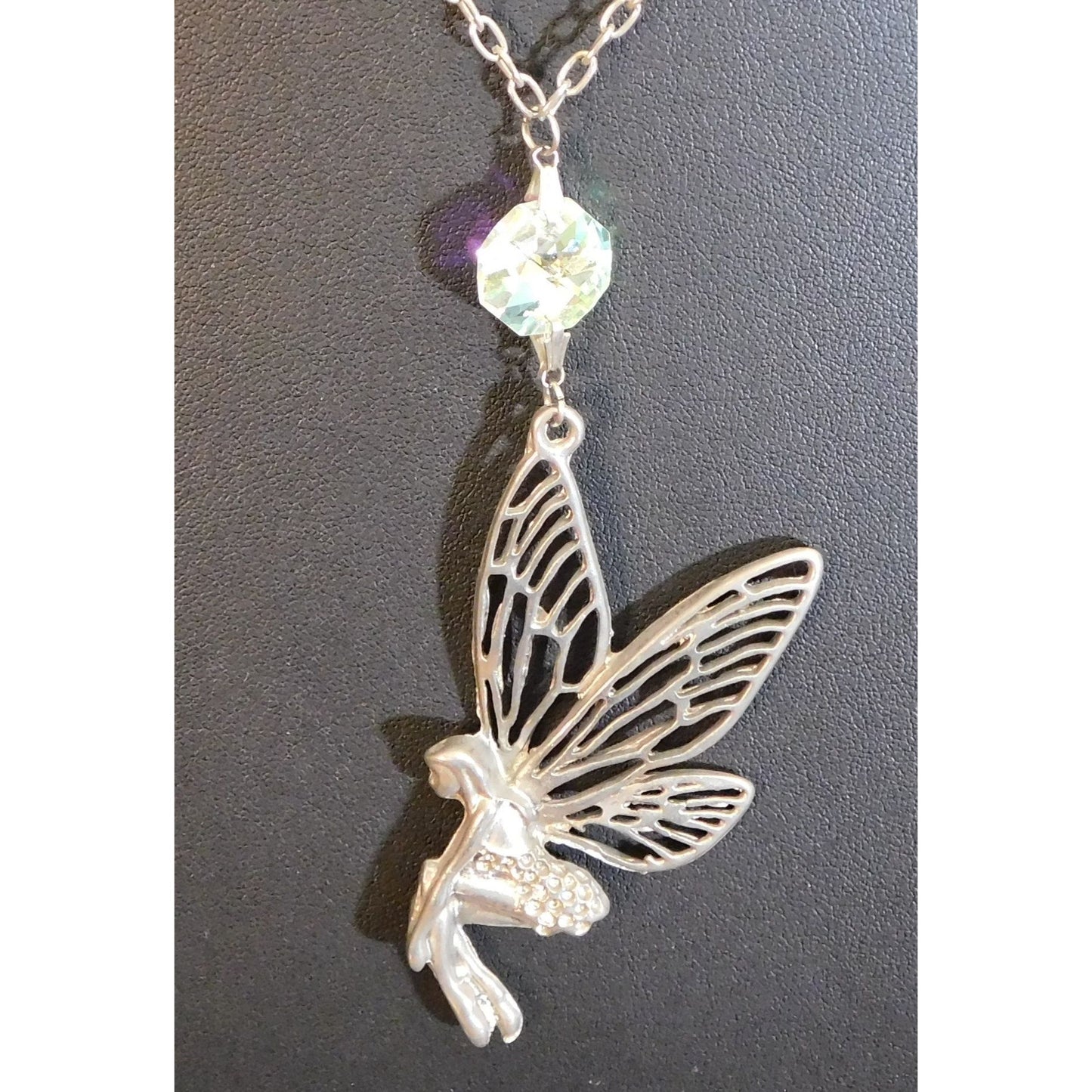 Fairycore Silver Tone Fairy Pendant Necklace With AB Gem Accent