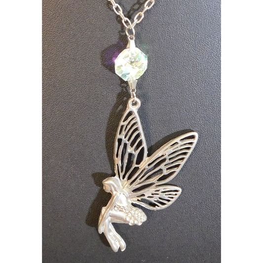Fairycore Silver Tone Fairy Pendant Necklace With AB Gem Accent