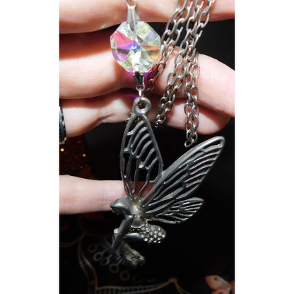 Fairycore Silver Tone Fairy Pendant Necklace With AB Gem Accent
