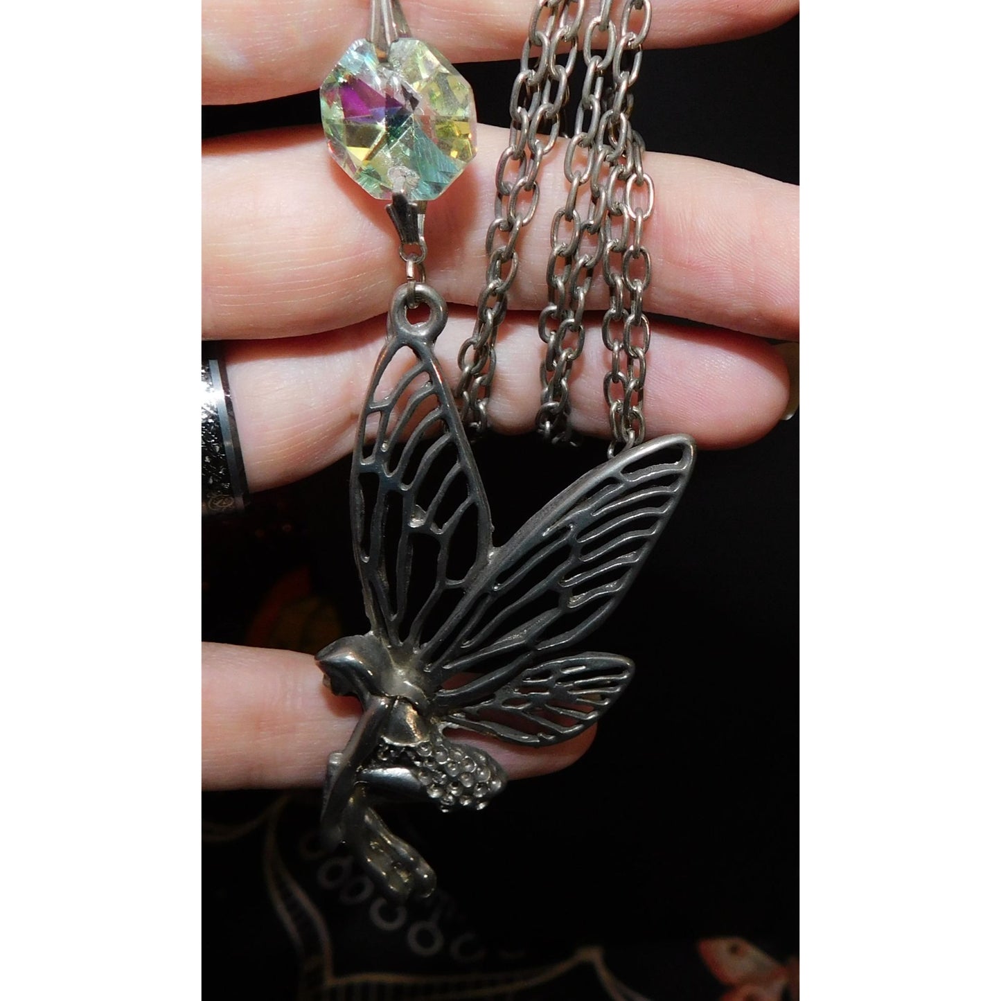 Fairycore Silver Tone Fairy Pendant Necklace With AB Gem Accent