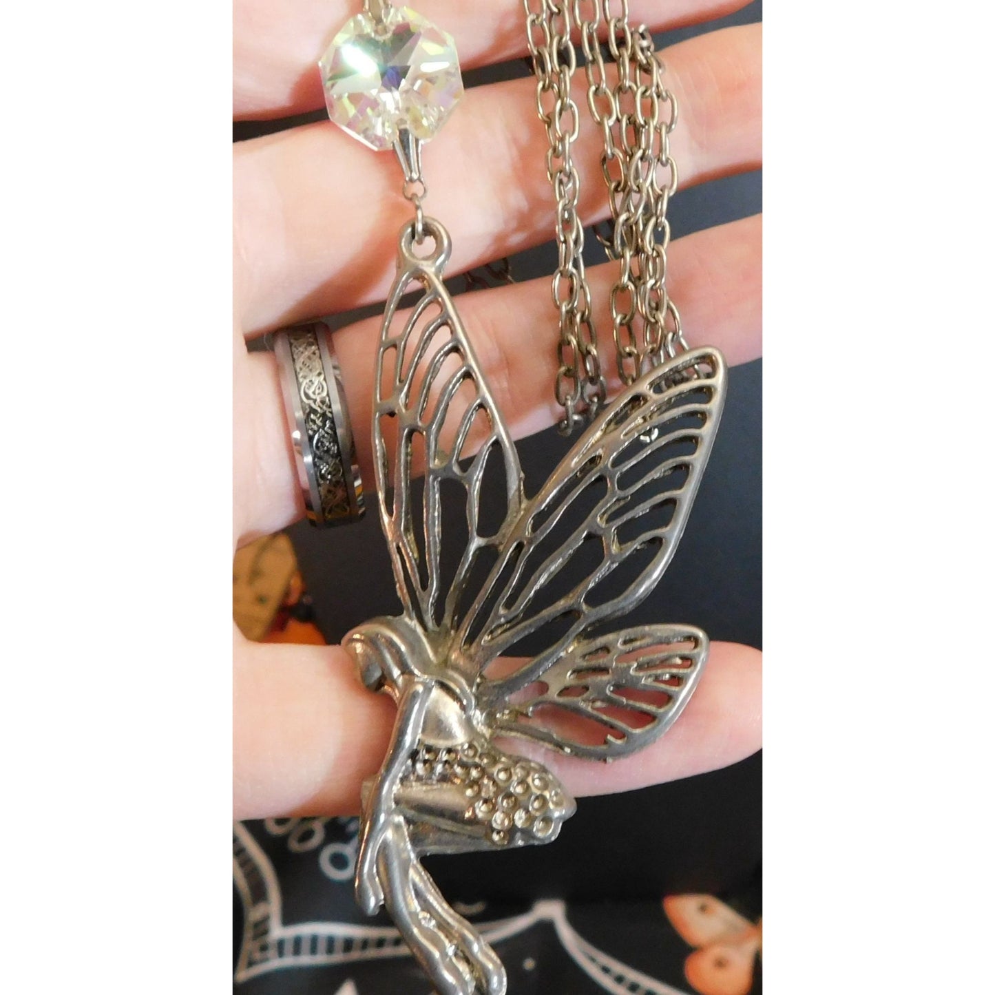 Fairycore Silver Tone Fairy Pendant Necklace With AB Gem Accent