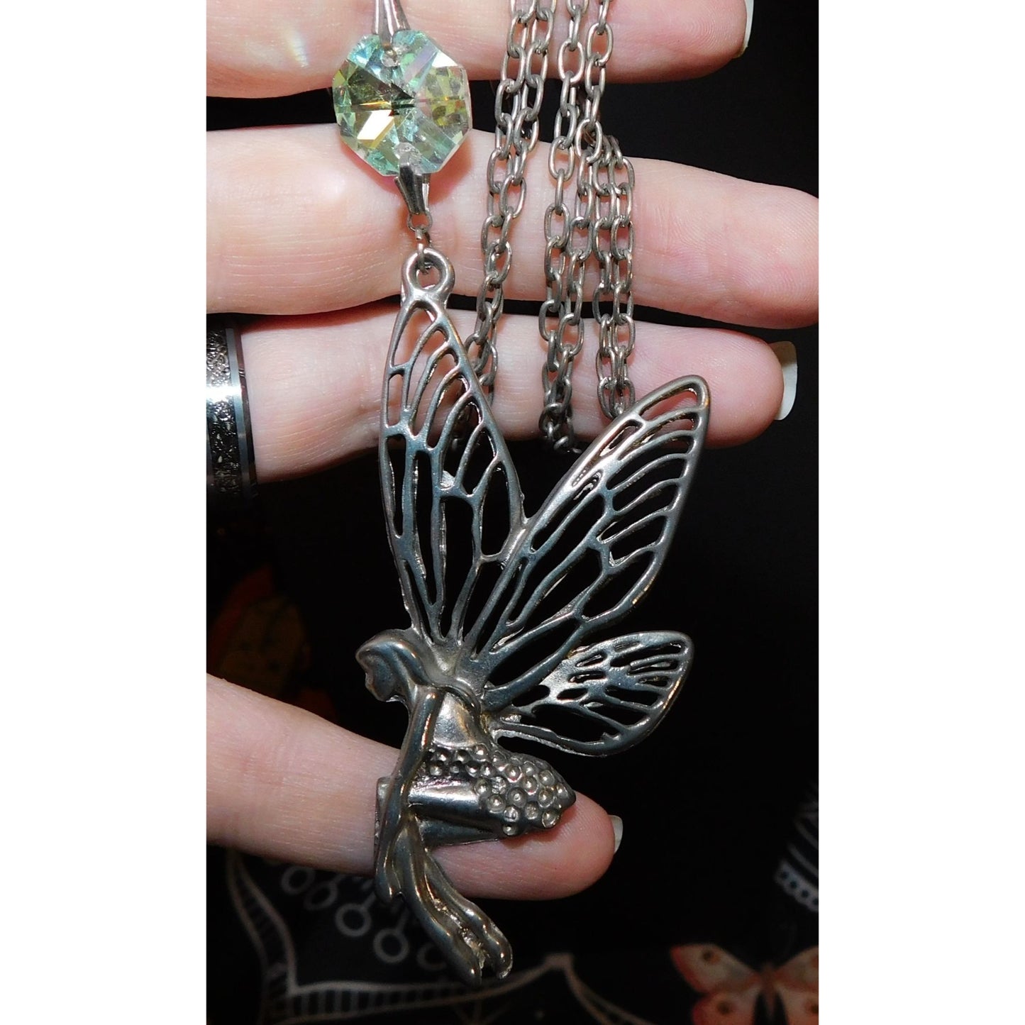 Fairycore Silver Tone Fairy Pendant Necklace With AB Gem Accent