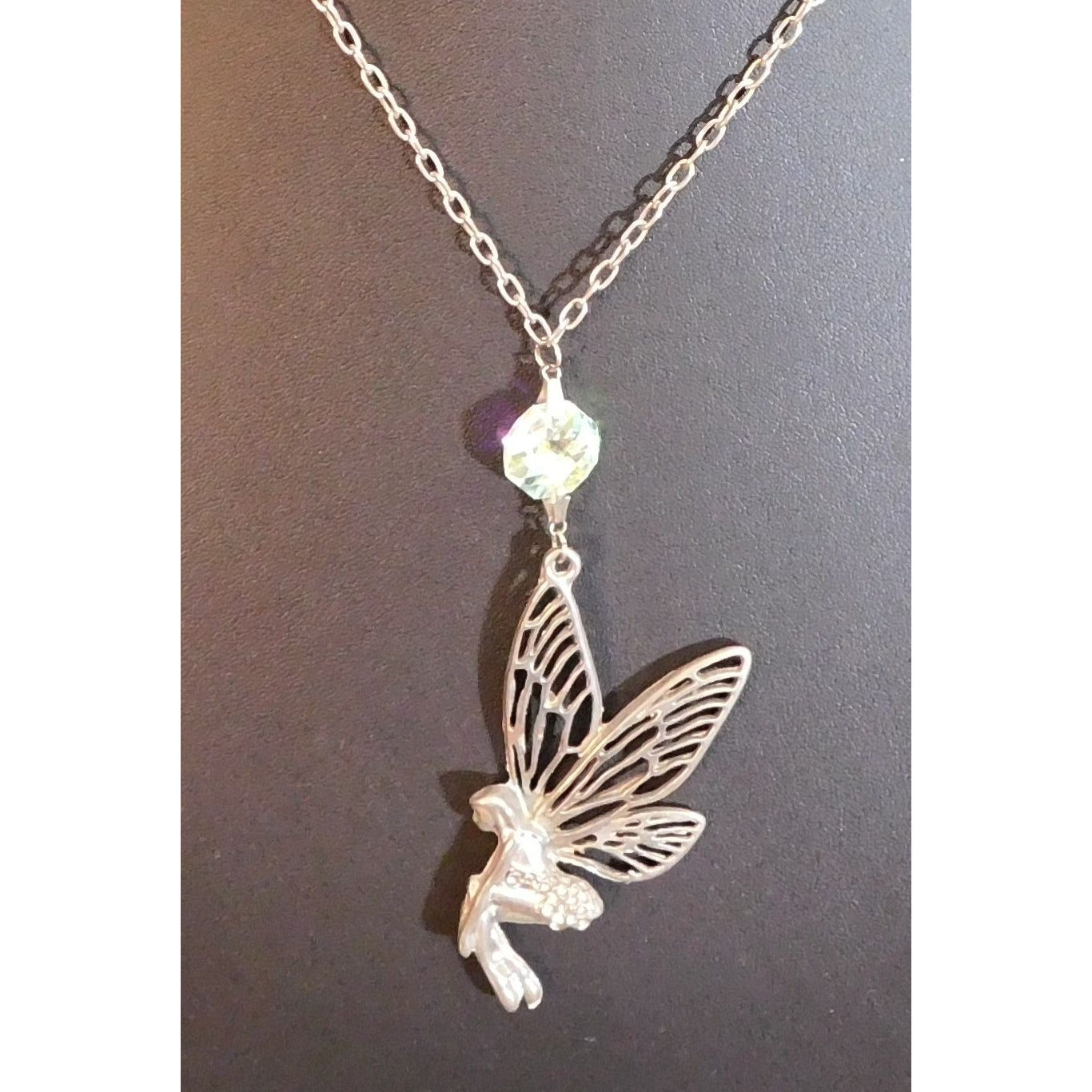 Fairycore Silver Tone Fairy Pendant Necklace With AB Gem Accent