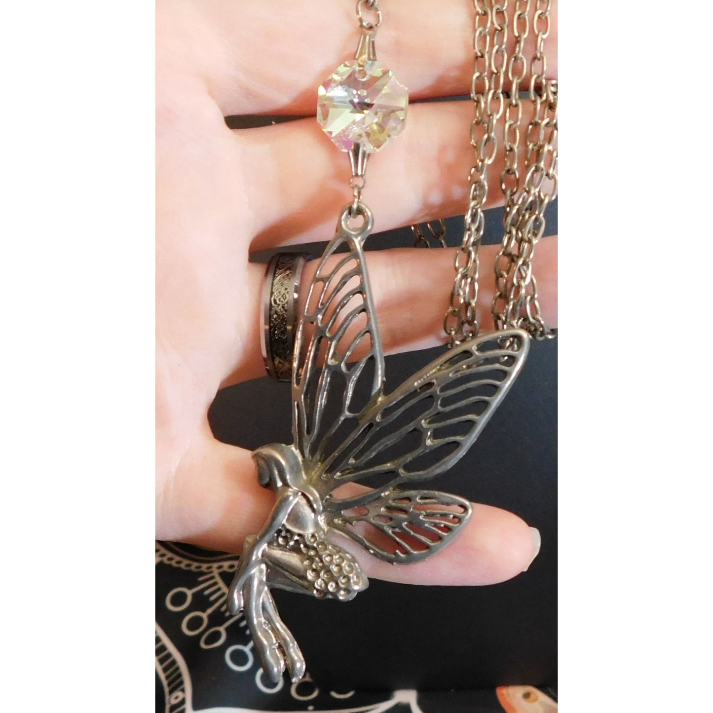 Fairycore Silver Tone Fairy Pendant Necklace With AB Gem Accent